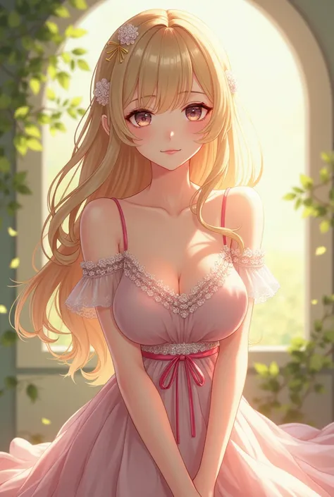  anime style :  a beautiful one with small breasts,  expensive blonde hair , She is a sweetie 