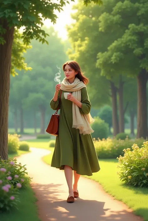 "A woman enjoying a quiet afternoon walk in the park, wearing an olive green woolen shift dress, loafers, and a large, soft scarf, holding a coffee cup."

