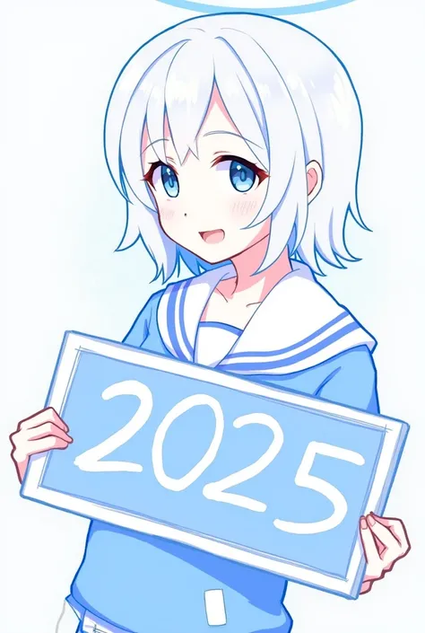 lineart, Blue Archive, Kuda izuna , Izuna Hisada, 1 female,  New Year, smile, hold a sign 2025, a side view, halo, a smile with ones eyes