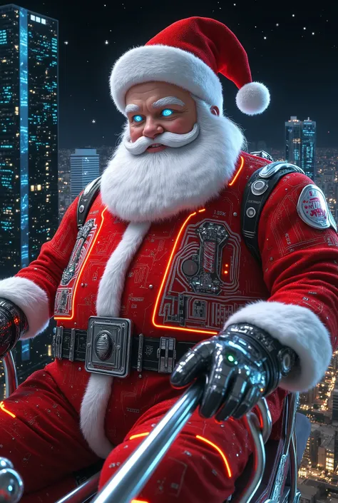 A futuristic Santa Claus, a cheerful and charismatic figure, wearing a glowing red-and-white suit with geometric patterns, metallic accents, and intricate circuit paths etched into the fabric. His robust, jovial figure boasts a neatly groomed white beard, ...