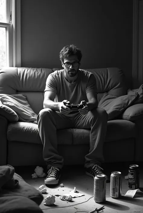 "A highly detailed black-and-white depiction of a man sitting on a worn-out couch in a cluttered living room. The man holds a gaming controller loosely in his hands, his posture slouched, and his expression reflecting laziness and disinterest. The room is ...