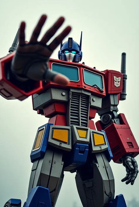  Create an image of Optimus Prime by making an L with your hand, with your index finger and thumb only . The image should be like a photo taken from the waist up  