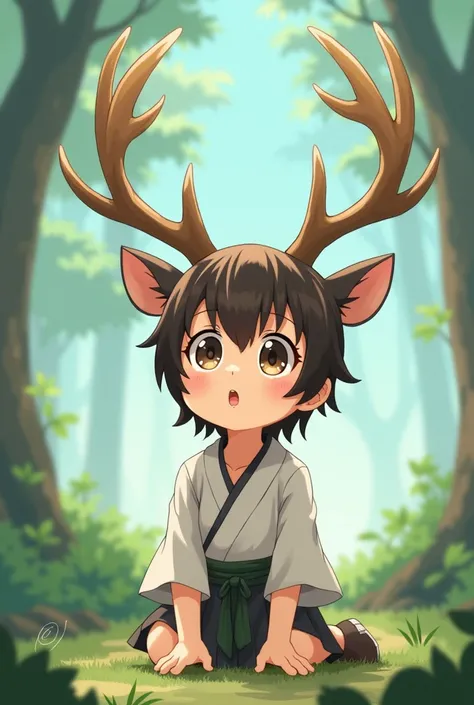 Little man in anime kneeling with deer antlers looking up with his mouth open
