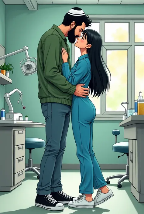  A tall Jew with a beard and black hair and a straight kippah wearing a green twill jacket,  jeans and black ALL star sneakers ,  hugging and kissing his girlfriend ,  a short girl with long black hair , a blue dentist jumpsuit , and white sneakers, inside...