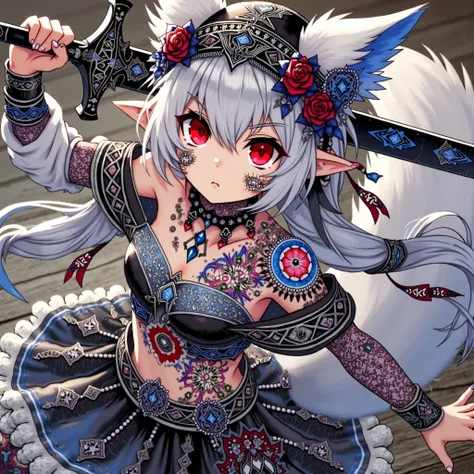  Young girl with white wolf tail ears , lots of tatto her in black blue viking badass dress and with patterned black sword,anime fantasy realistic full body size 1024x1792 