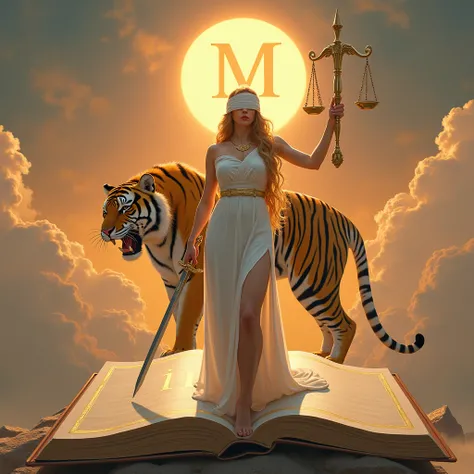  The Goddess Themis of Justice,  with a curvaceous body and wearing a white dress , and showing her wide hips , and showing off their wide and sturdy legs, and with soft and smooth skin ,  and with long, wavy gold-colored hair ,  and holding with her hand ...