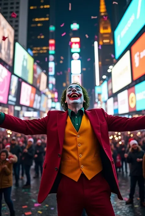 Camera View: Frontal view capturing the Joker in the center of the frame, his iconic expression vividly highlighted, Action or Position: The Joker, portrayed by Joaquin Phoenix, is laughing maniacally with his arms stretched wide, confetti raining down aro...