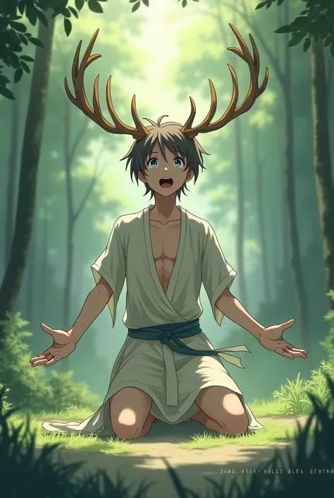 Man in anime on his knees with deer antlers looking up with his mouth open
