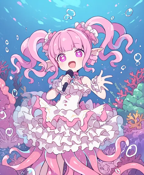 ultra-detailed illustration of cute girl in idol costume, chibi, solo, pink hair, tentacled long twintails, finned ears, pink eyes, a lower body with many tentacles, white and pink frilled dress, She is happily singing underwater. colorful coral reefs, hol...