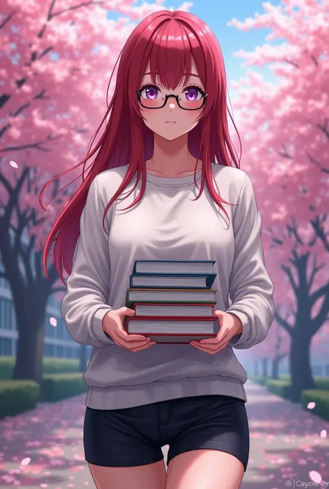 anime female, crimson hair, straight hair, straight bangs,  purple eyes, white sweater, black biker shorts, busty, cherry tree background, school background, glasses, holding books