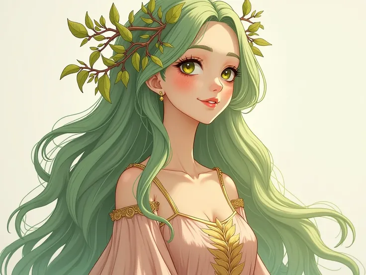 Please draw a personification of the goddess of the forest .  Subtle green hair ,  Use brown branches and green leaves as hair ornaments, Gold and light pink dress ,  Please draw a divine and beautiful appearance . 