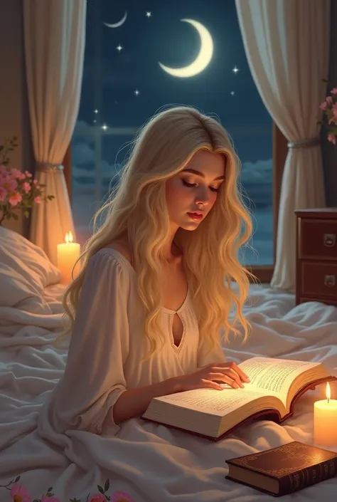 Sunset, flowy, long blonde hair, woman, soft glow, book, candles in background, bible, delicate, night moon through window, pastels, blush 