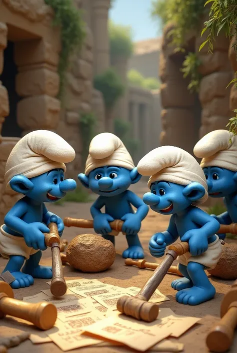  Smurfs working with old tools like hammers , hacksaws and papyrus in hand  