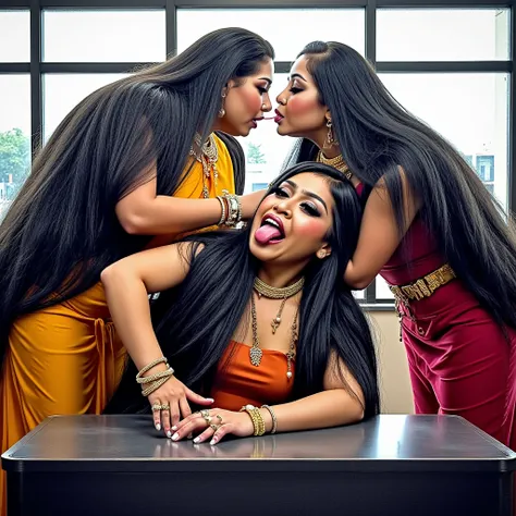 Two elderly mexican women squat posing in a well-lit hospital ward. One woman leans in, licking the other’s scalp with her curled tongue out as the other checking blood pressure, her tongue also extended. Both have sleek, oil-drenched jet-black hair flowin...