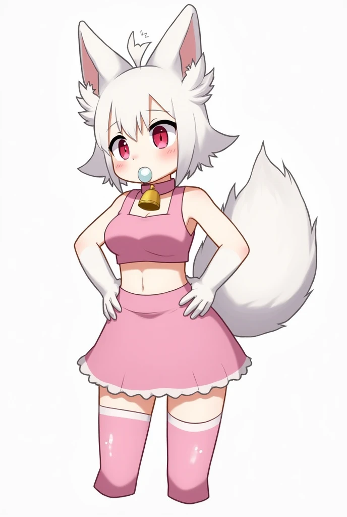 White male furry fox with pink and white thigh highs, pink crop top, pink collar with a bell, short pink skirt with small penis sticking out, blushing. The character is a guy. The character is a man. They have white fur.