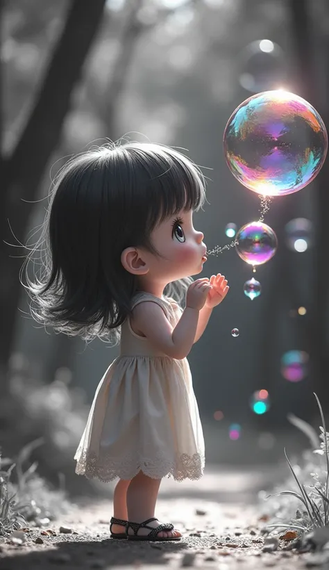 black and white image of a beautiful chibi manga girl blowing soap bubbles in a park,   many soap bubbles are transparent and cosmic and very colorful with many colors in a very soft gradient, top image, focus on soap bubbles ,  bold and powerful camera wo...