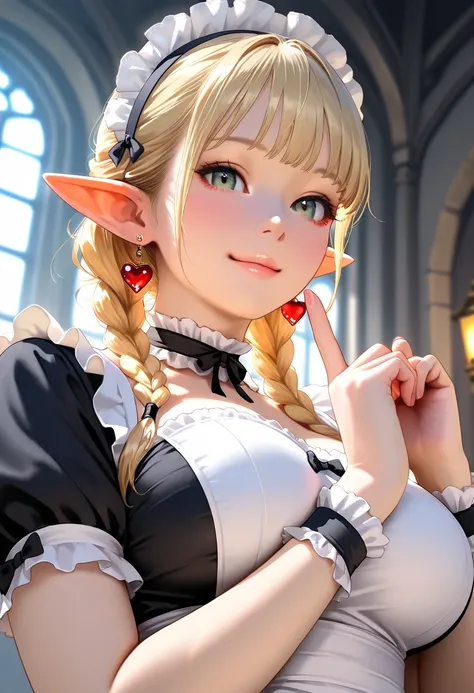 Masterpiece, highest quality, high resolution, eye details, face details,4K, 8k,(realistic, photorealistic: 1.5), 1 elf ,Marsil, open leg , reach out, heart finger , viewer,from below, full body,side,gem, red teardrop earrings, Alone,green eyed blonde , sm...