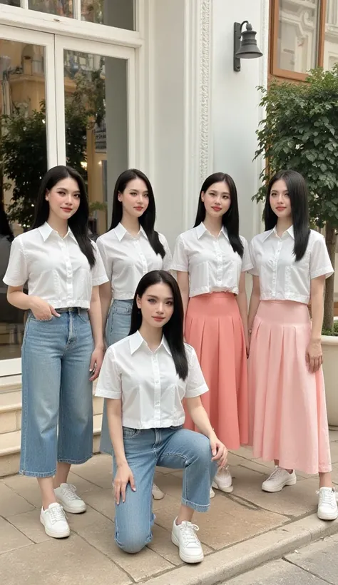 , shows a female K-pop group composed of four members . . Each of them has Description of the group of four members : FOYER : The five members are dressed in white round neck shirt and Boyfriend Jeans with each different style, white shoes. This design giv...