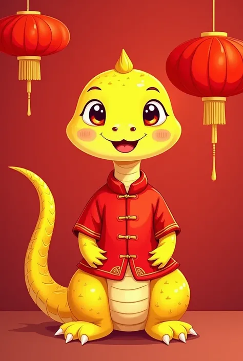 I need to draw a picture with the theme of Vietnamese New Year, the main color is red and the snake is yellow, its face is cheerful and its feet are all yellow, it is wearing a red New Year shirt, the snake looks very kind. The background of the picture is...