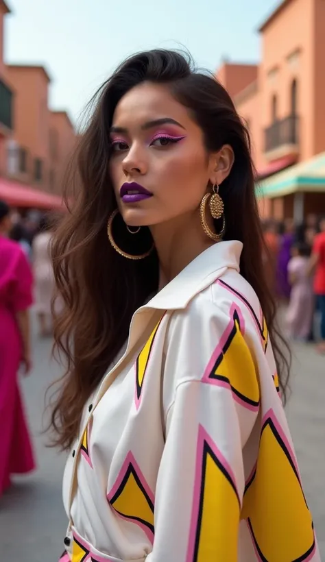 a closeup photo of an high fashion model with long hair and purple lipstick, she is wearing big gold earrings, white shirt decorated with yellow triangles pattern print in pink and black, moroccan style festival background, a traditional square full of peo...