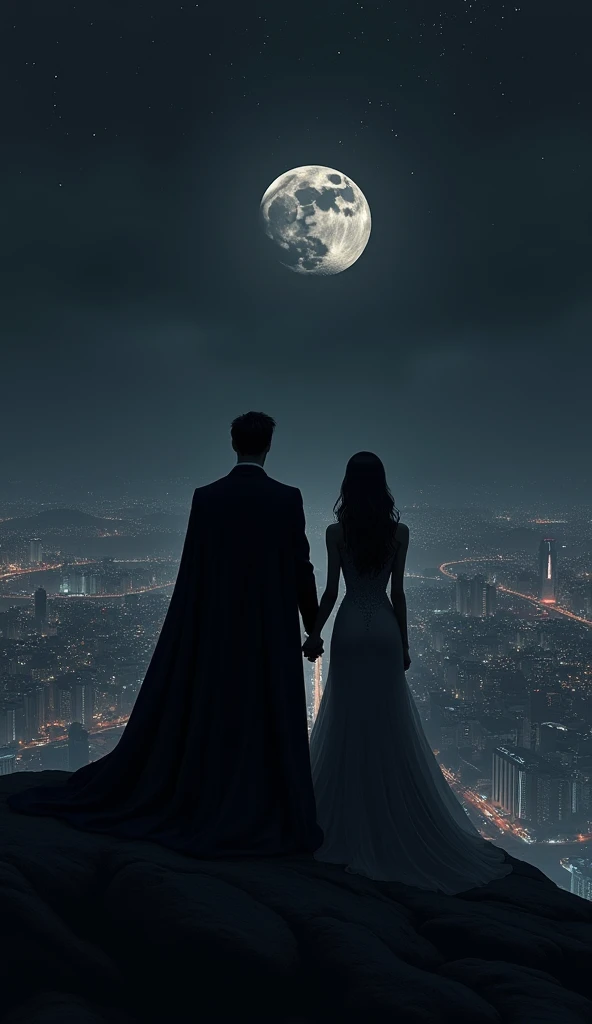 black moon. man and sexy woman. Anime style. atmosfera oscura. black tones. Man and sexy woman watching the dark city and the black moon in the distance standing on a mountain. Personajes cono siluetas.  Man dressed elegantly with a cape. Sexy Woman wearin...