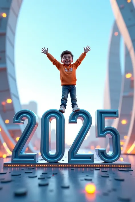 One boy is standing on a logo 2025 and saying happy new year back ground is futuristic 