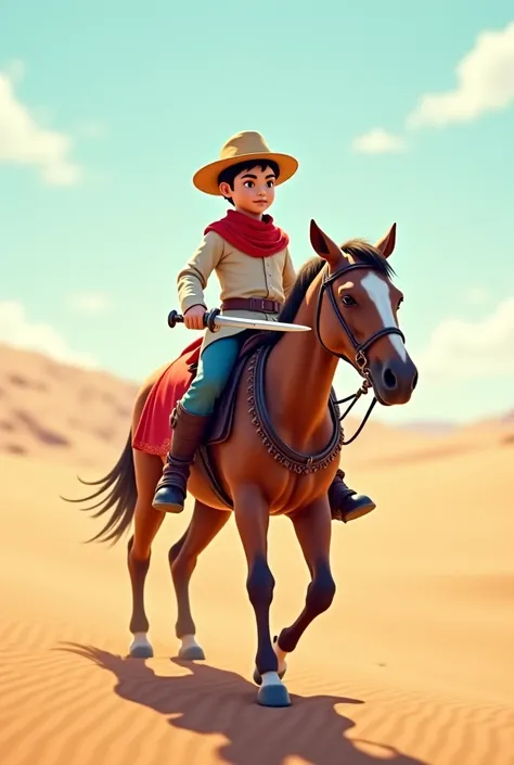 "Create a high-quality digital artwork of a  Indonesian boy riding a horse in a futuristic desert setting. The boy is dressed in the attire of the historical figure, Sultan Al-Fatih al-Ayyubi, complete with a sword in his hand. The scene takes place in a v...