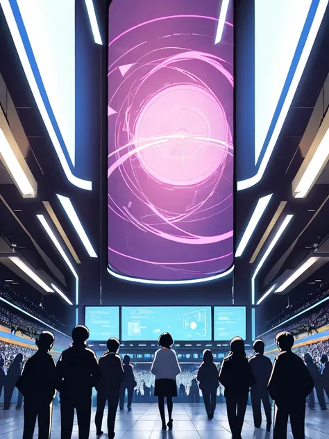 Futuristic art gallery with walls displaying dynamic holographic artworks, diverse crowd interacting, beginners creating using virtual reality devices, a floating unfinished piece displayed in the center.