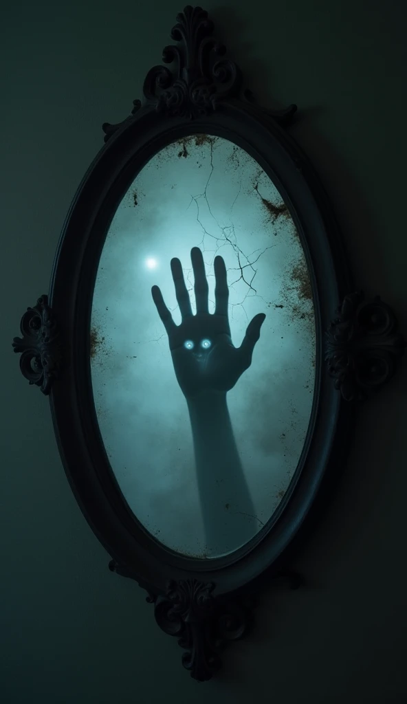 "Generate an image of a cracked, dusty mirror hanging on a dark wall. A ghostly handprint appears on the mirrors surface, as if pressed from the other side. Mist swirls around the mirror, and faint glowing eyes are visible in the background."
