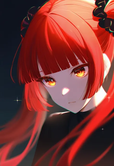 girl with red ginger hair long hair, twintails, blunt bangs, two black scrunchies hime-cut long lashes, amber eyes, chromatic aberration, motion blur, cinematic lighting, sparkle, reflection light

