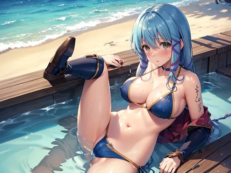 Master piece,best quality,nsfw,Clair Lasbard (Star Ocean: Till the End of Time) LoRA((untied bikini,surprised blush,wet skin,show off nipple,breasts hold)),on sea