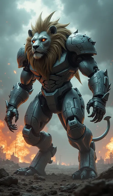 "Design a hybrid creature where the features of the lion and the battle machine merge into a single monstrous, dangerous entity. The creature should have the powerful body of a lion, but with a sleek, armored exterior similar to a battle machine, its muscl...