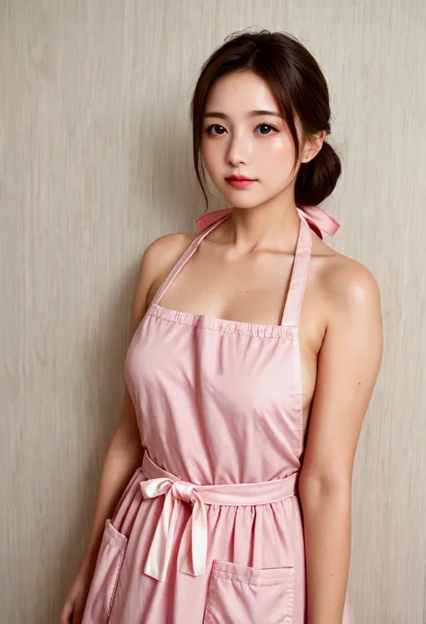 1girl, 31yo, A pastel pink apron dress with a motherly and homey feel. The chest is discreetly open, and the line from the neck to the shoulders gives a gentle impression. Her hair is long, natural brown, and has a cute pink ribbon behind her ear. She smil...