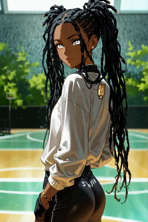 1Girl, Dark Skin, Long Jet Black Dreadlocks Down, White Eyes, Dark Green Jacket, White Shirt, Black Gym Leggings, Jewelry, Looking At Viewer, Thinking, Posing, Solo, Basketball Court Background, Anime, High Resalution, Best Quality, From Behind, 