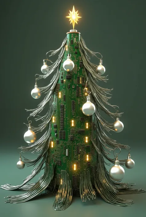 circuit paths style,Digital deity Christmas Tree composed of circuit paths,motherboard texture with glowing LED elements,silver traces forming branches and ornaments,quantum processor decoration,color scheme of green and gold,ray traced rendering.,3D model...