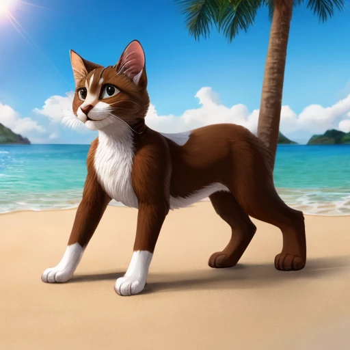 A brown naked cat furry with white hands and white feet