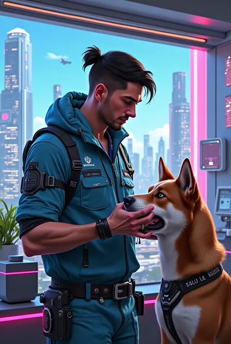 Create the image of a veterinarian accompanied by his dogs and make the image cyberpunk style