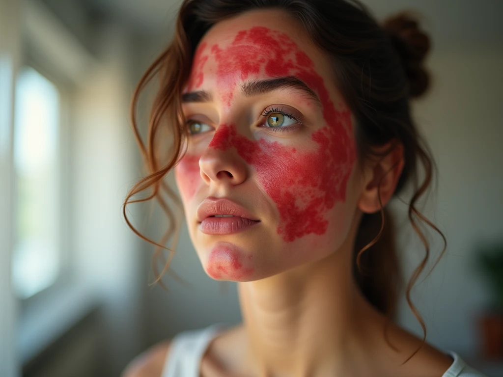 Close-up de uma obraA woman stands in a modern, welcoming room with a visibly red face, reflecting an irritation or sensitivity to her skin. Her expression shows discomfort or concern as she looks closely at her face, which has noticeable red patches on ar...