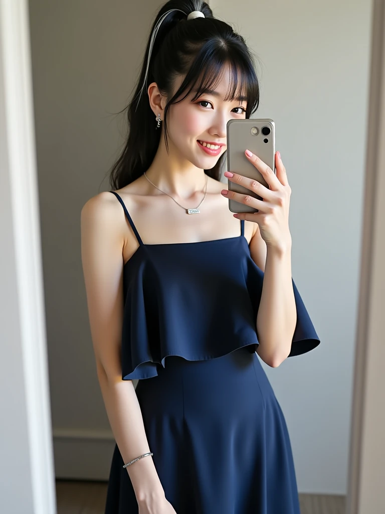  A woman with long black hair , with white highlights and fringe is straight , gray eyes. She wears a navy blue dress with a large flowing bust with a midi skirt and thin straps..  Her hairstyle is a high ponytail ,  with the fringe perfectly aligned .  Th...