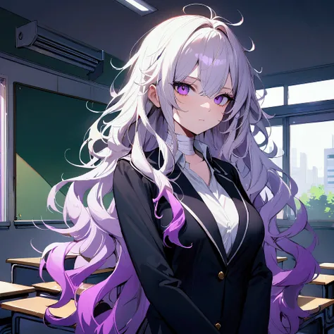 [high quality, best quality], 1girl, classroom, white hair, neon purple hair, gradient hair, long hair, wavy hair, messy hair, school uniform, looking at viewer, expressionless, arrogant, medium-large breast, tall, 180cm tall, bandages on neck, 