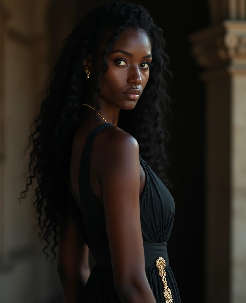 " An extremely beautiful and divine character ,  similar to a goddess ,  with perfectly sculpted ebony skin ,  black as the darkest night ,  Impeccable and radiant . She is mesmerizing,  vibrant green eyes that are stunning and captivating , glowing softly...