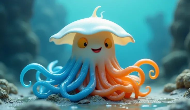  expressing a shiny and soft texture 。It has a white umbrella-shaped head with many blue tentacles spread out at the bottom 、 many orange tentacles spread out on the bottom 。 with round yellow eyes and a red mouth drawn on the 、Smiling。Many blue tentacles ...