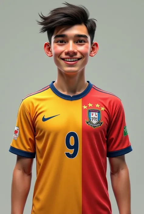  young man with tartar teeth, broad nose,  soccer jersey with the number nine 
