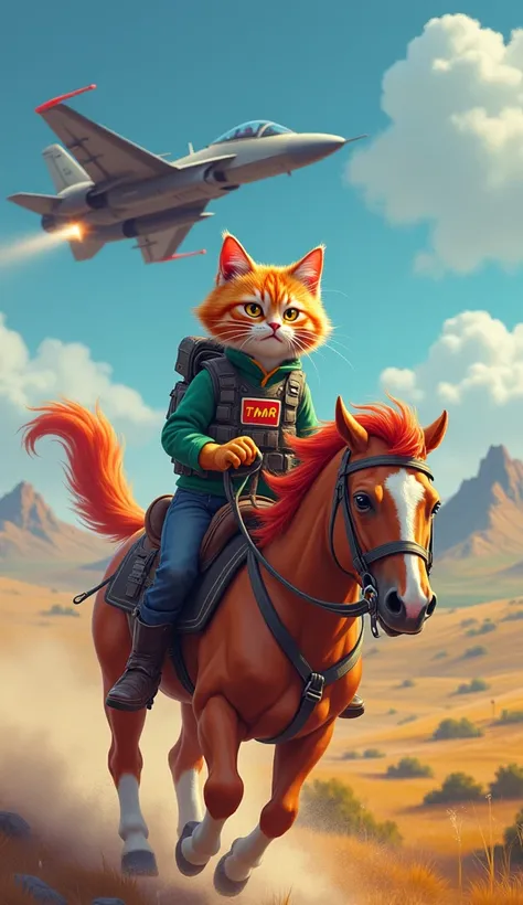 Colorful cat riding a horse，Weapon vest with TMR name on the vest pocket，Attacking the incoming and aircraft