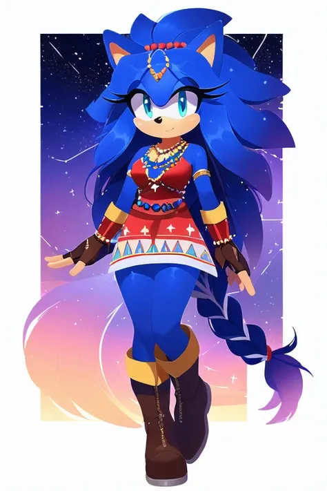 Sonic oc, Mobian, female, sonic the hedgehog but female, Cosmic hedgehog, A beautiful light blue hedgehog, purplish blue eyes, very long hair/quills, braided and beaded long hair bangs, long streaks of hair on each side of her face, (star constellation on ...