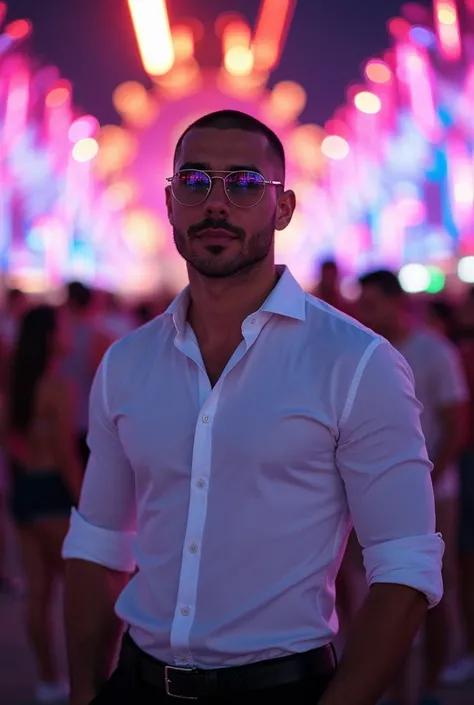  A man Rodolfo Salas ,  elegant and attractive , cabelos buzzcut, clear eyes and captivating smile. Do you wear a white shirt,  black pants .  Round clear lens glasses .  confident posture.  Exude confidence ,  charm and sophistication . Esta Electric Dais...