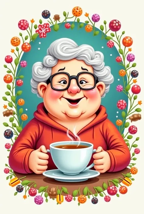 Logo of a chubby grandmother with glasses and short gray hair with claws drinking a warm chamomile and underneath the name of Grandmother decorated with candies