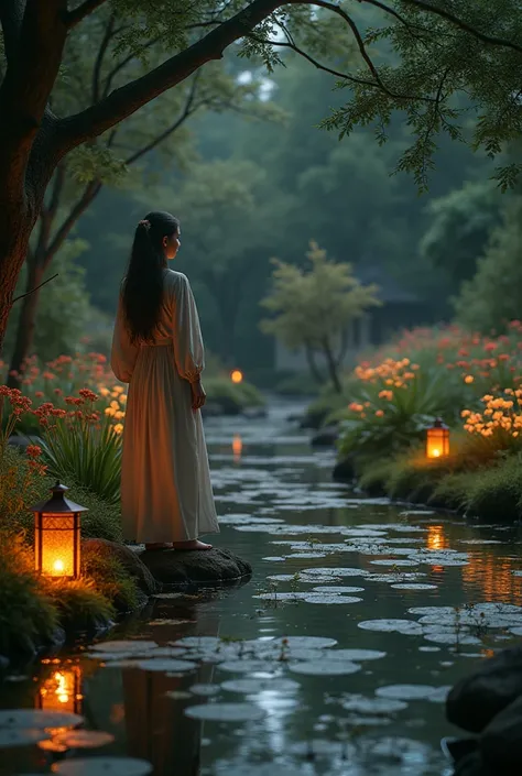 "An ultra-realistic garden at dusk, with intricate details captured in hyper-realistic precision. The elvish women’s features are finely rendered, each petal and leaf of the flowers is meticulously detailed, and the soft lantern light casts delicate reflec...