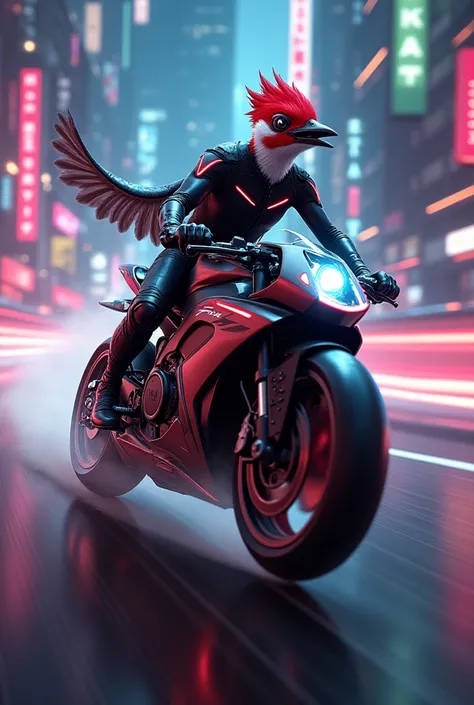 Woodpecker driving a super fast motorcycle 