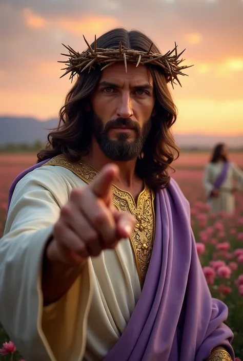 
“Ultra-realistic and detailed portrait of Jesus Christ, chest up. He is pointing his finger forward with a commanding, serious expression, staring directly into the camera. A crown of thorns rests firmly on his head, and his clothing features intricate go...